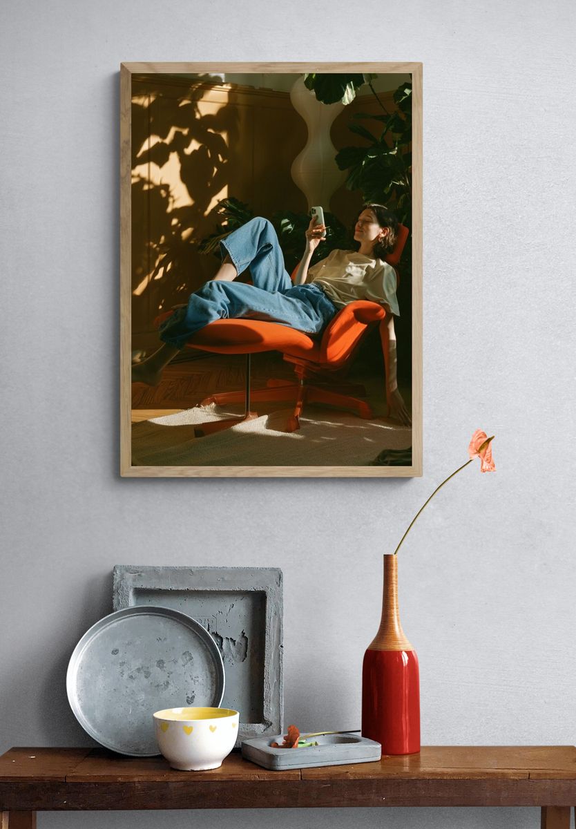 Sunlit Lounge Chair Photography Poster. — room view 3