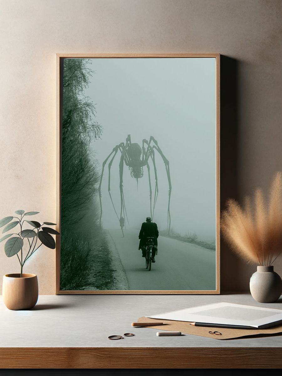 Foggy Spider Encounter Photography Poster. — room view 2
