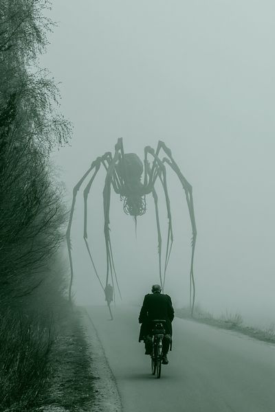 Foggy Spider Encounter Photography Poster. poster
