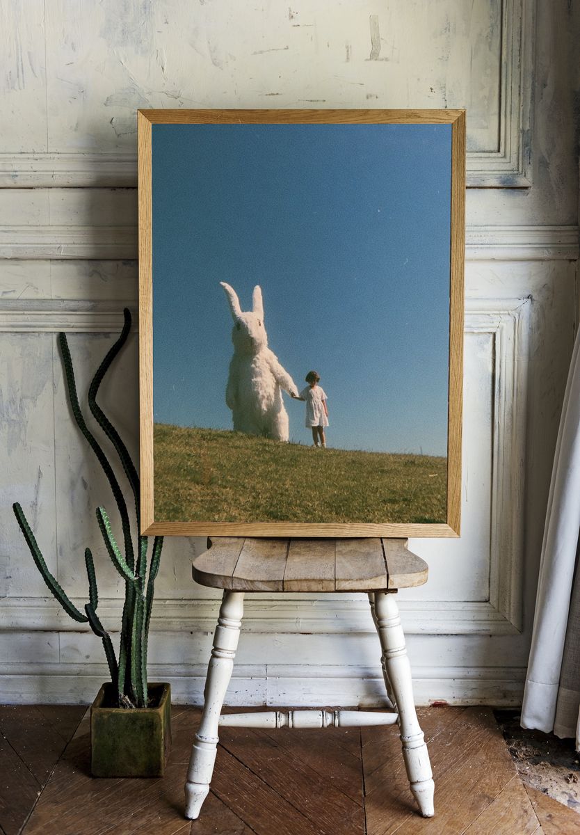 Girl and Giant Rabbit Surreal Print. room preview
