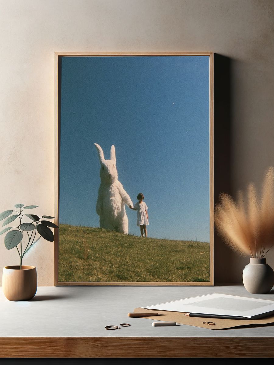 Girl and Giant Rabbit Surreal Print. — room view 2