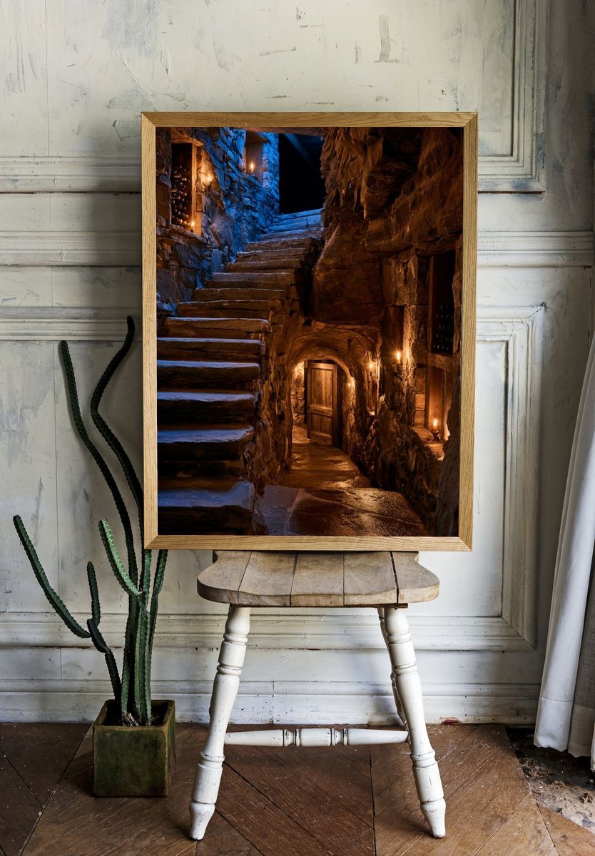 Candlelit Stone Stairway Photography Poster. — room view 1