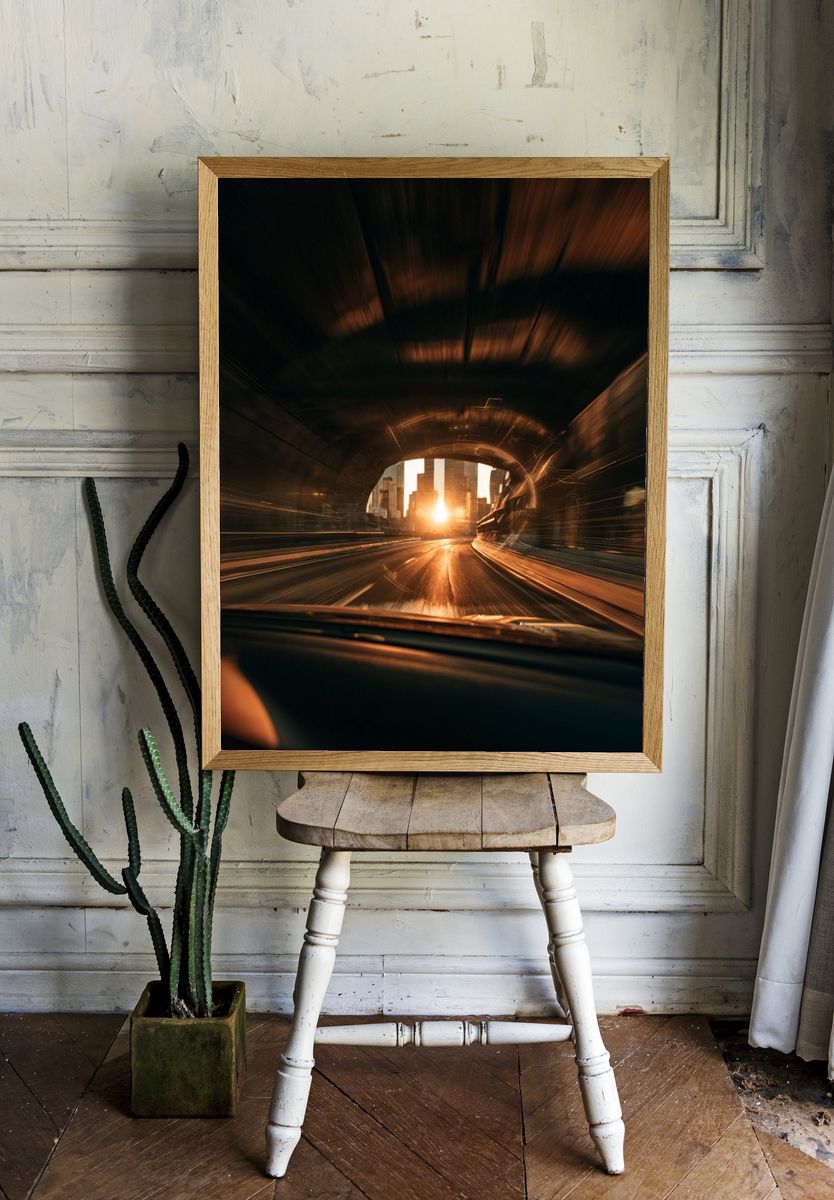 Sunset Tunnel Drive Photography Poster. room preview