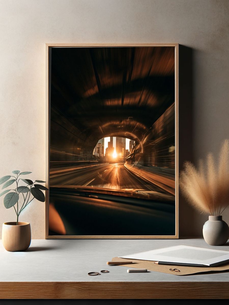 Sunset Tunnel Drive Photography Poster. — room view 2