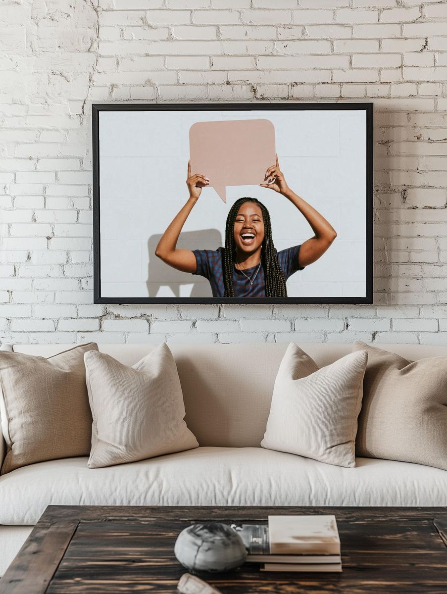 Cheerful black woman showing blank. room preview