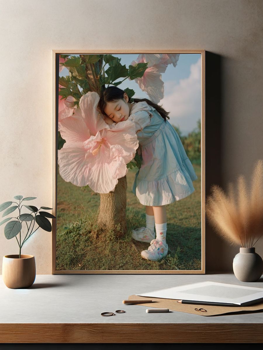 Dreamy Girl and Hibiscus Photography Poster. — room view 2
