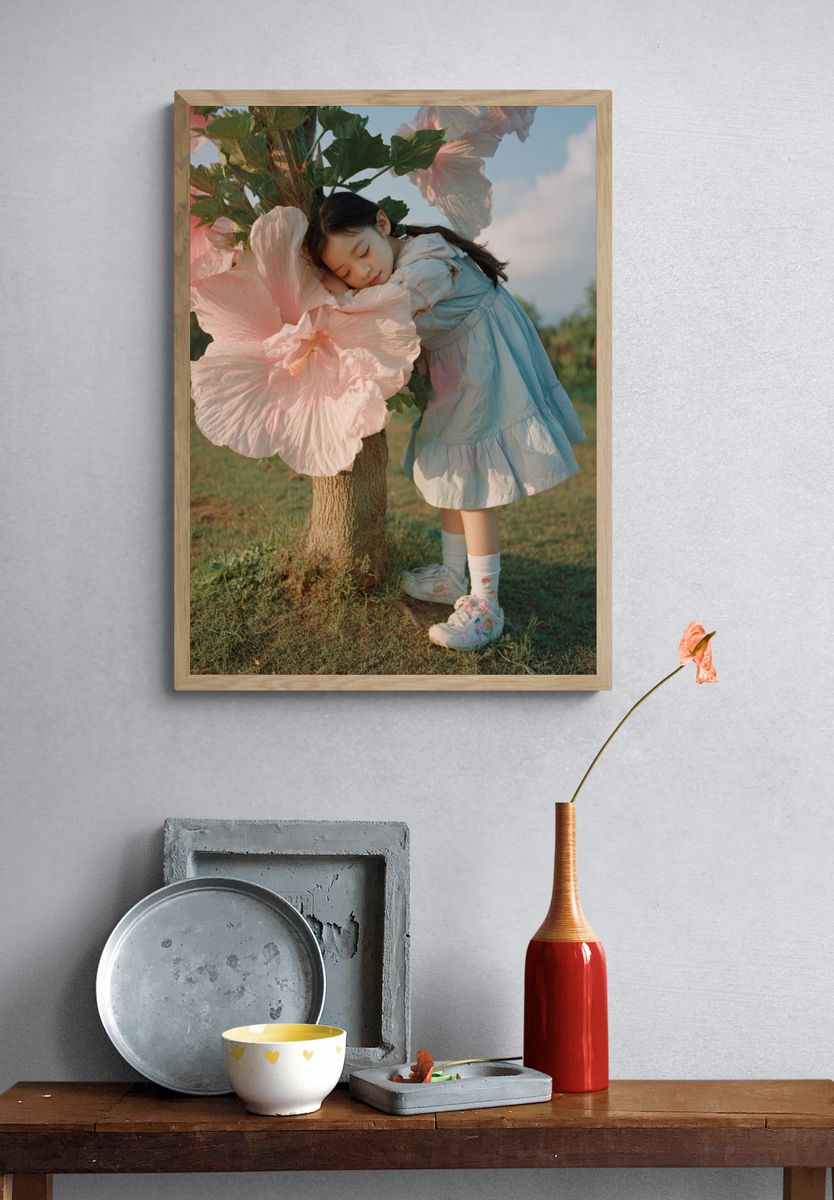 Dreamy Girl and Hibiscus Photography Poster. — room view 3