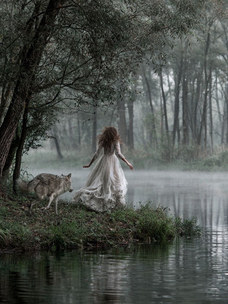 Misty Forest Woman and Wolf Print. poster detail
