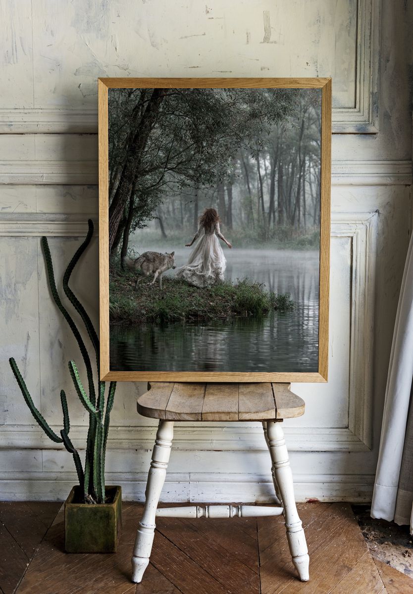 Misty Forest Woman and Wolf Print. room preview