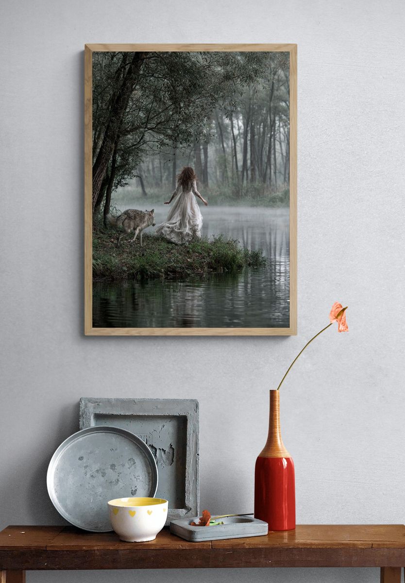 Misty Forest Woman and Wolf Print. — room view 3