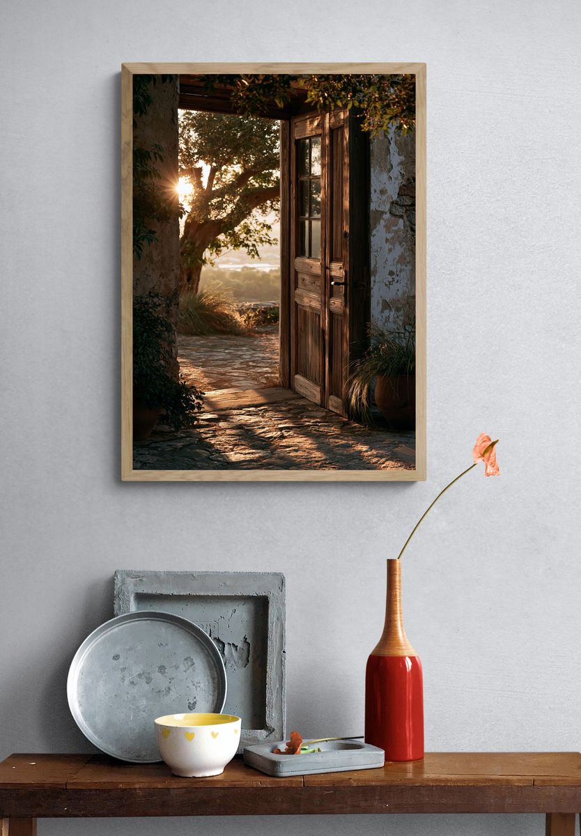 Sunlit Rustic Doorway Photography Poster. — room view 3