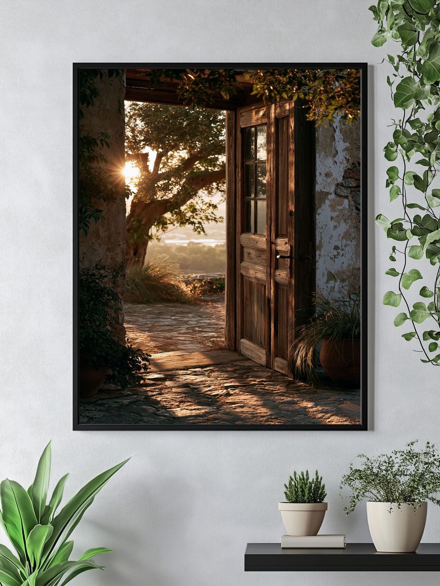 Sunlit Rustic Doorway Photography Poster. — room view 4