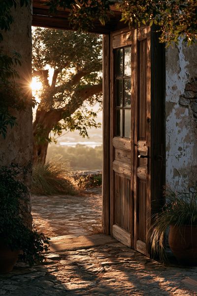 Sunlit Rustic Doorway Photography Poster.