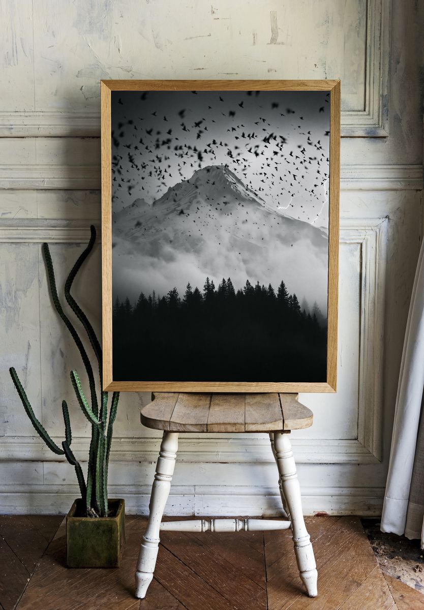 Stormy Mountain Birds Photography Poster. room preview