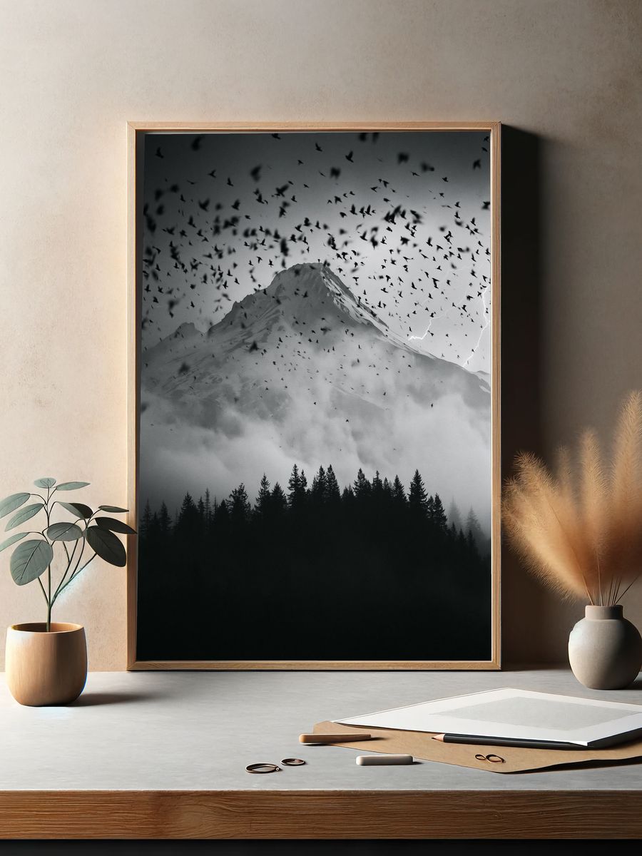 Stormy Mountain Birds Photography Poster. — room view 2