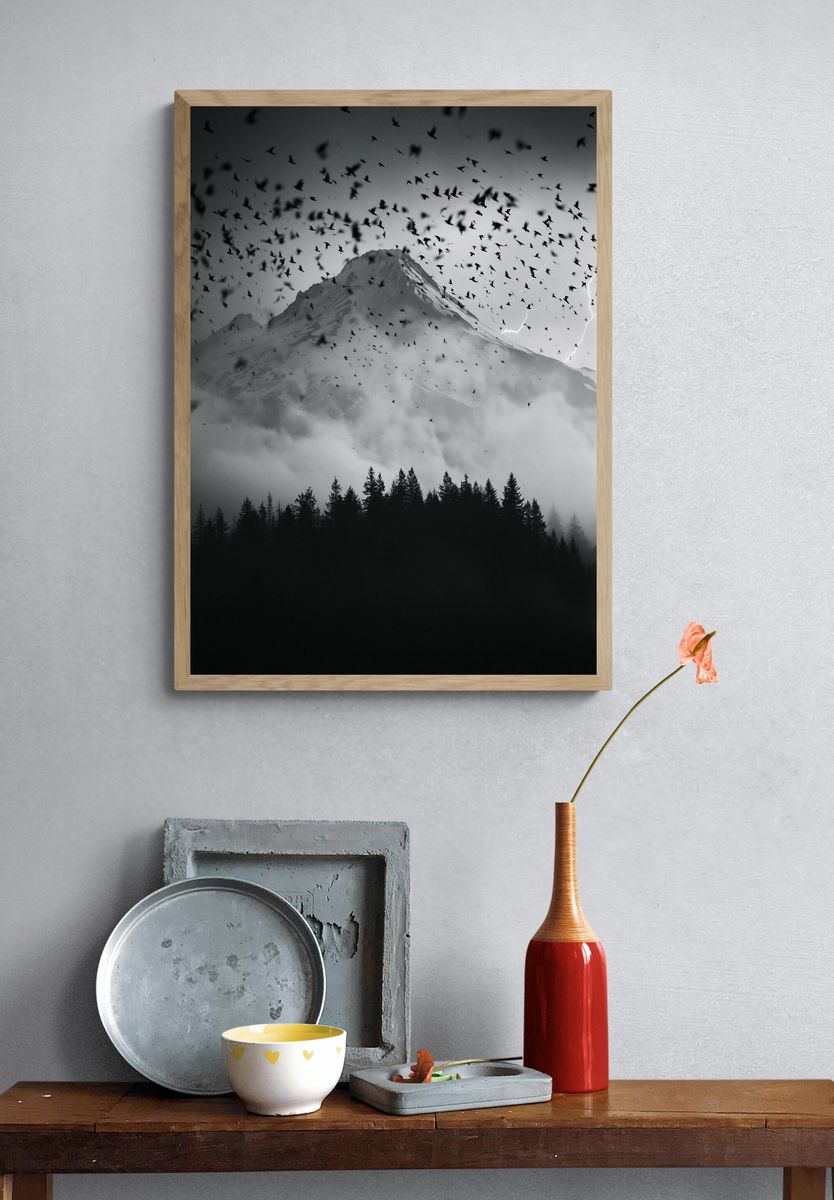 Stormy Mountain Birds Photography Poster. — room view 3
