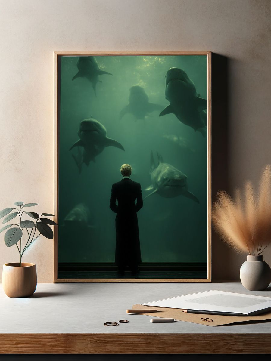 Shark Aquarium Silhouette Poster. — room view 2