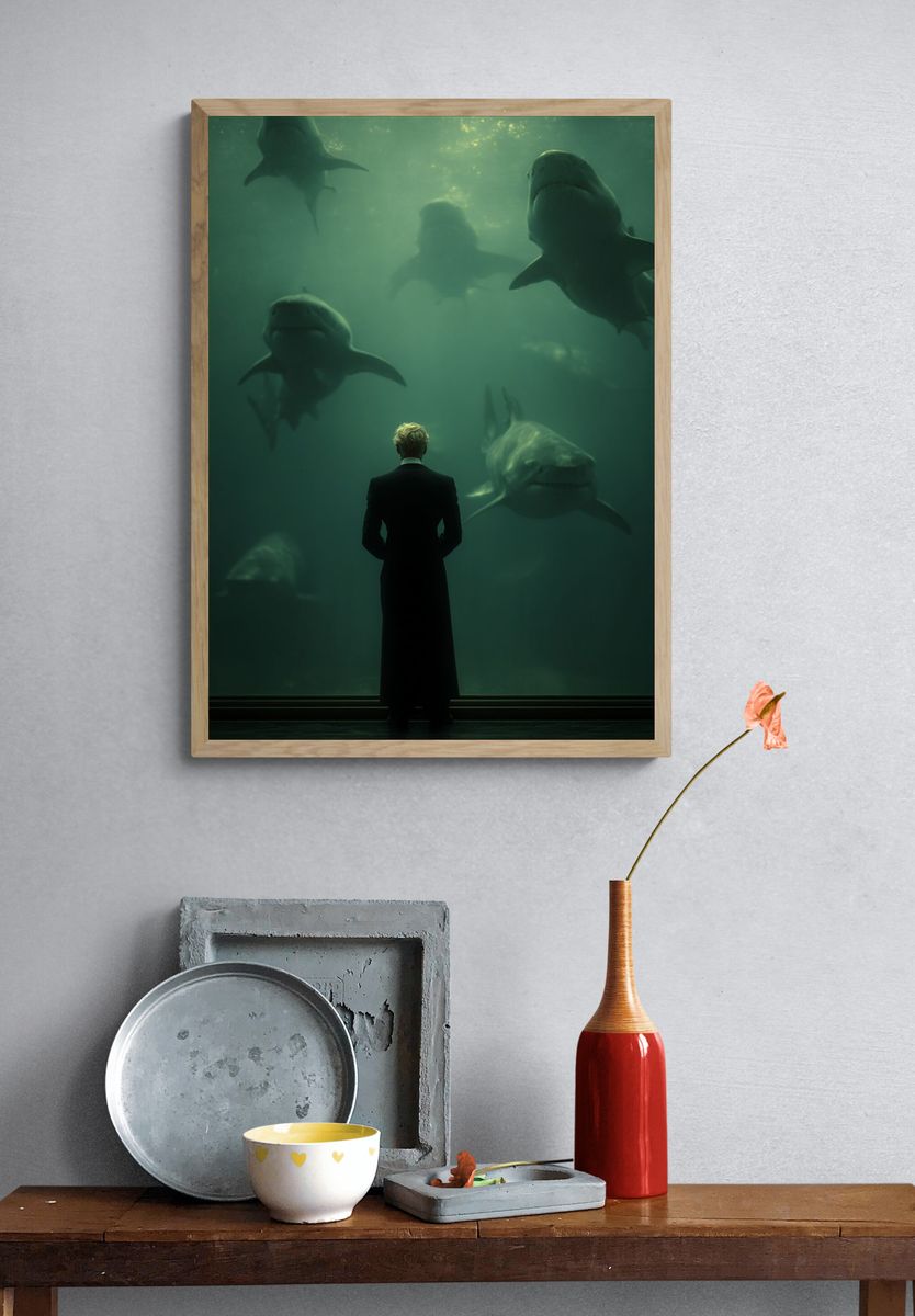 Shark Aquarium Silhouette Poster. — room view 3