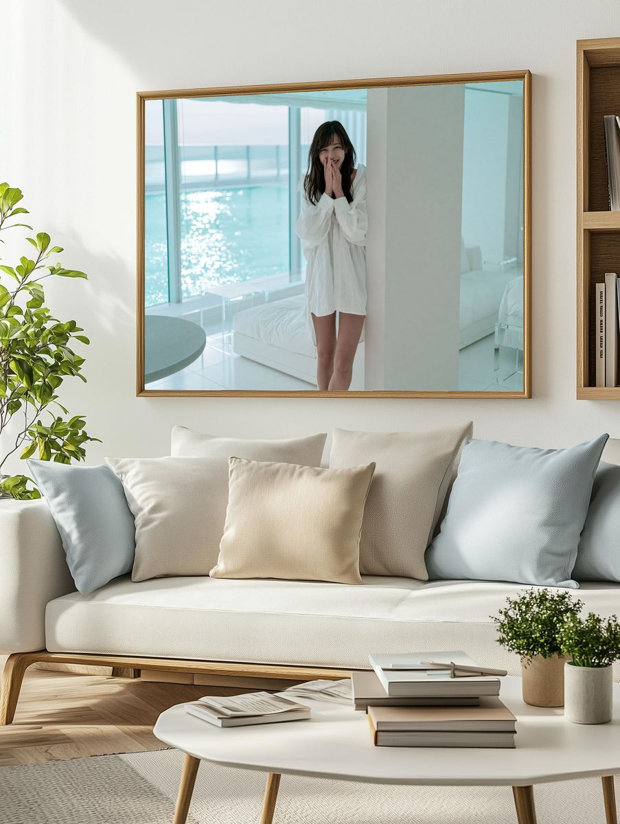 Smiling Woman by the Sea Photography Poster. — room view 2