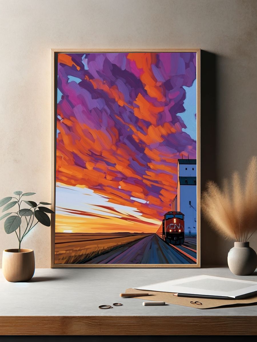 Sunset Freight Train Photography Poster. — room view 2