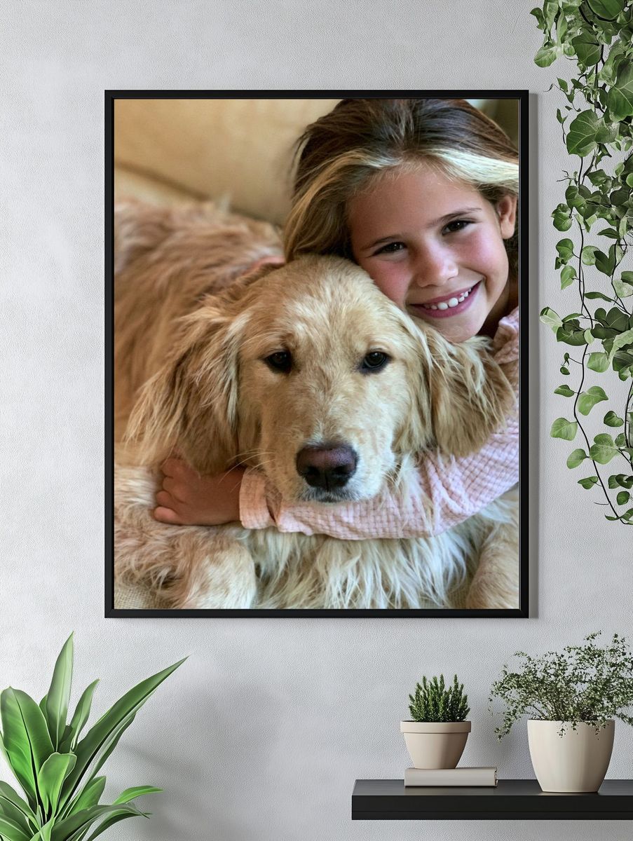 Girl and Golden Retriever Portrait Poster. — room view 4