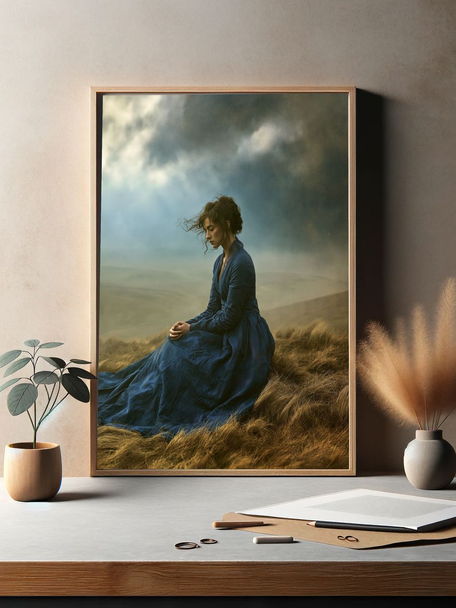 Solitary Woman in Stormy Fields Poster. — room view 2