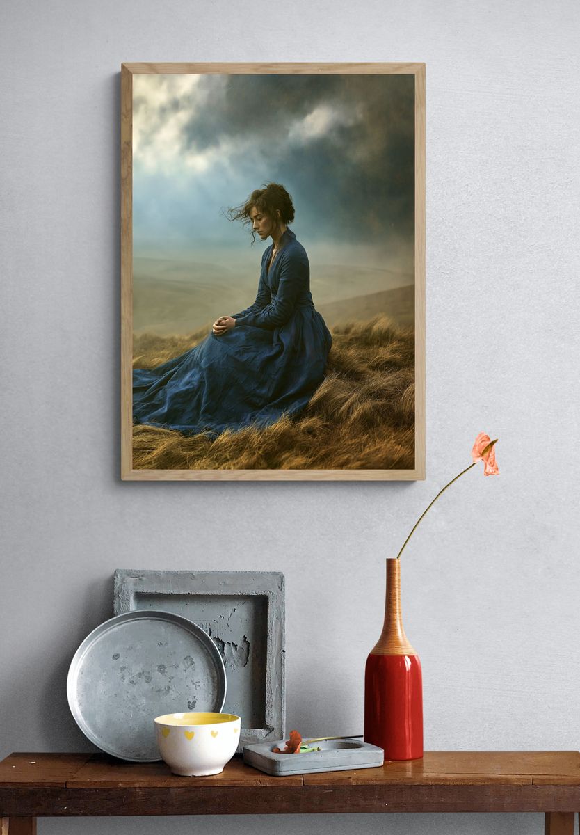Solitary Woman in Stormy Fields Poster. — room view 3