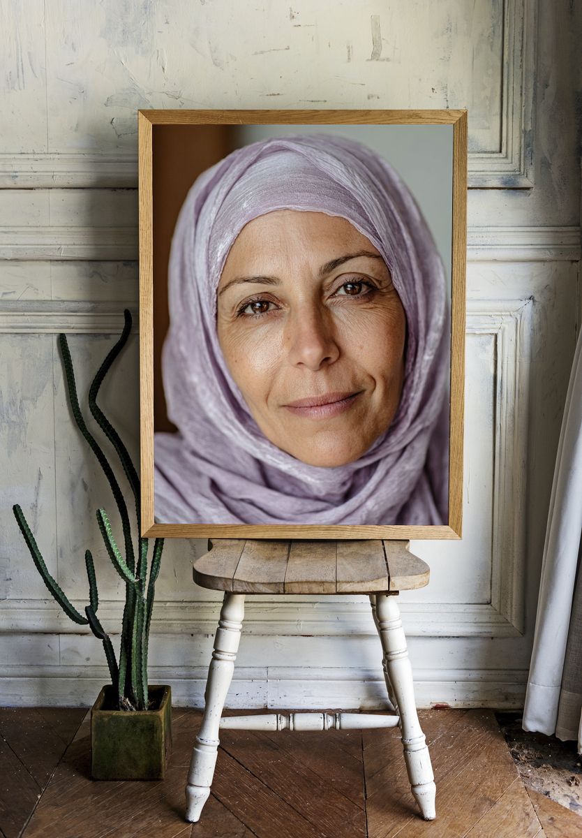 Woman in Lavender Hijab Portrait Print. — room view 1