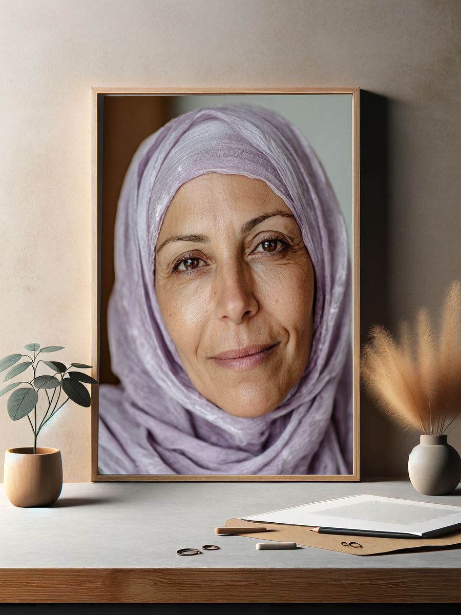 Woman in Lavender Hijab Portrait Print. — room view 2