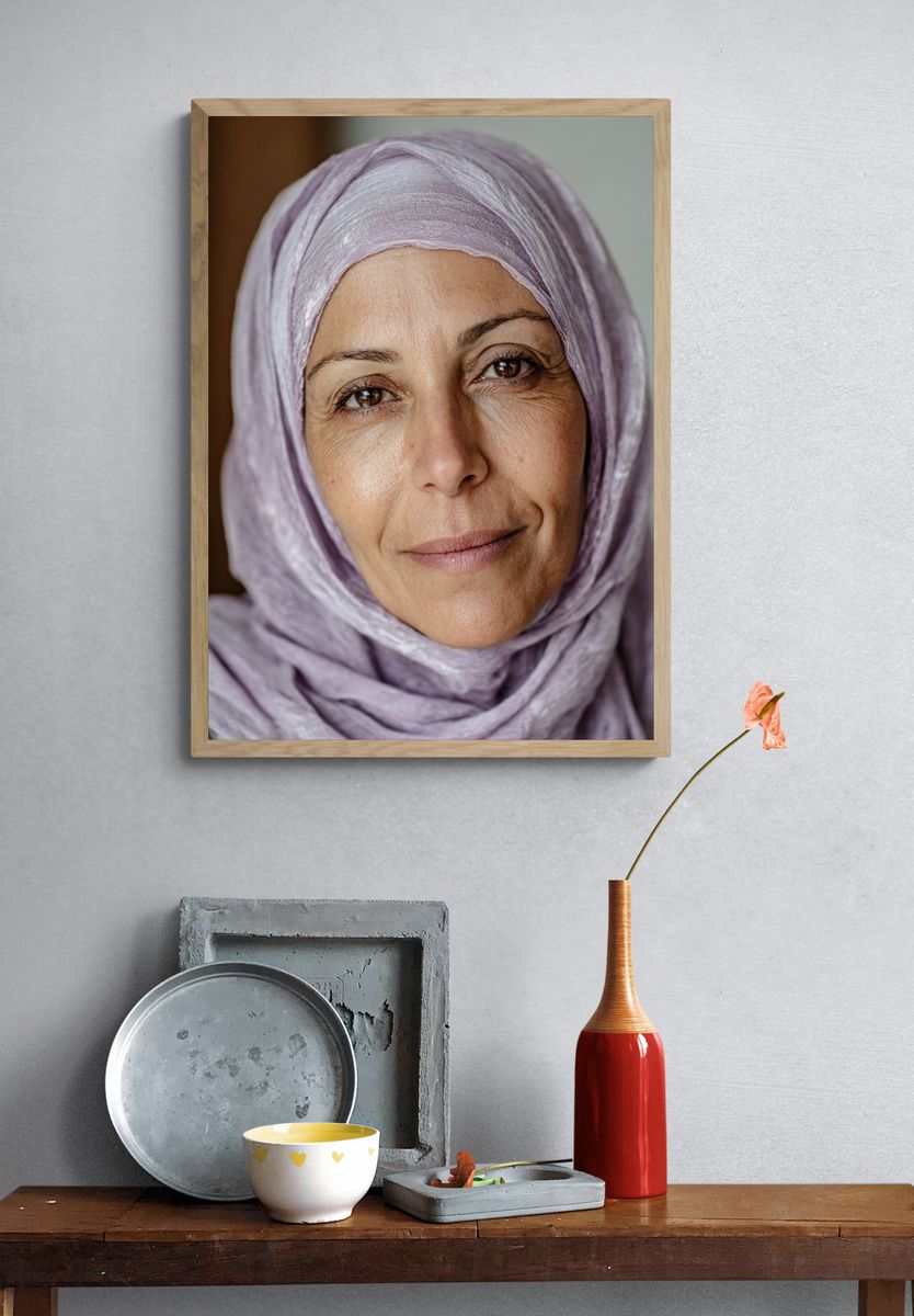 Woman in Lavender Hijab Portrait Print. — room view 3