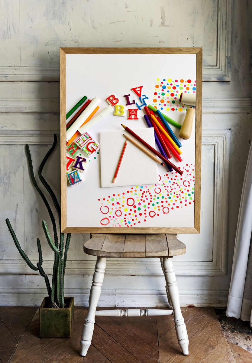 Colorful Art Supplies Still Life Poster. room preview