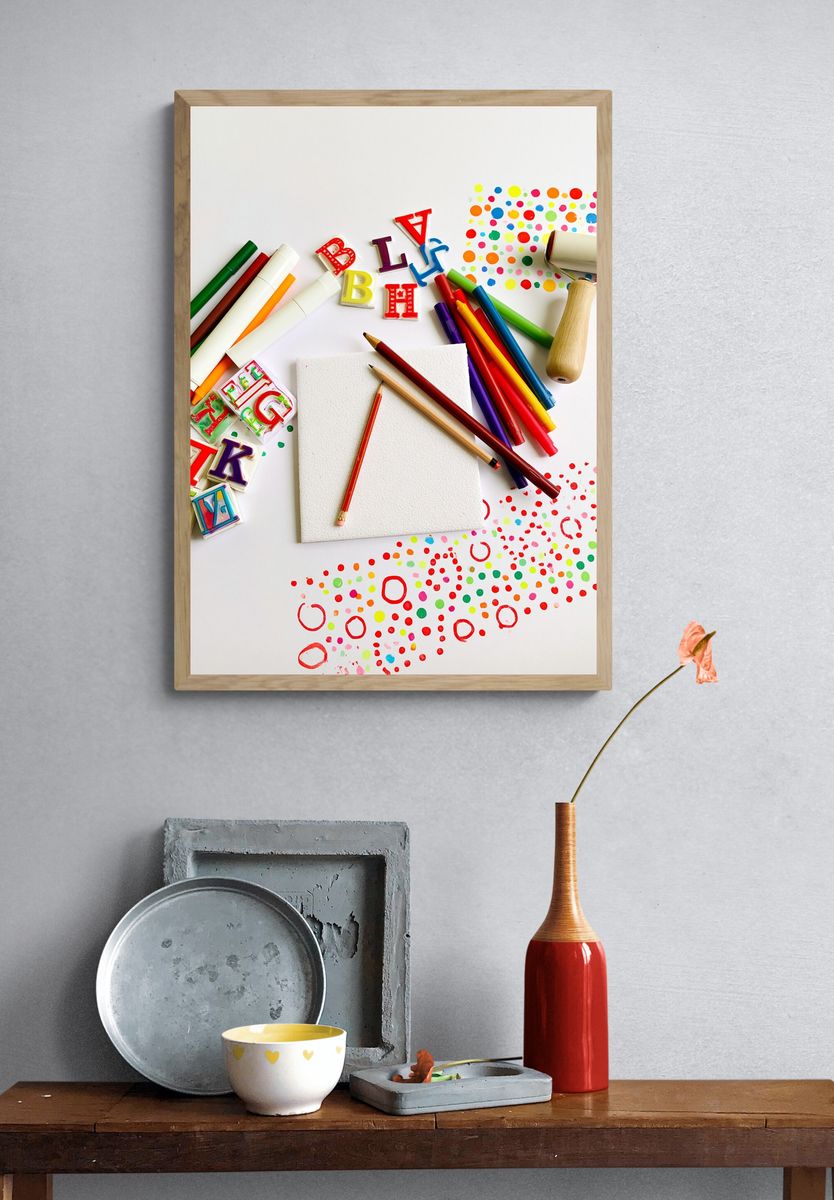 Colorful Art Supplies Still Life Poster. — room view 3