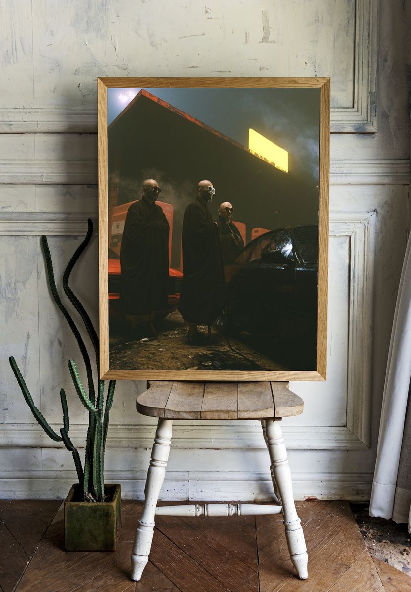 Masked Figures at Gas Station Poster. room preview