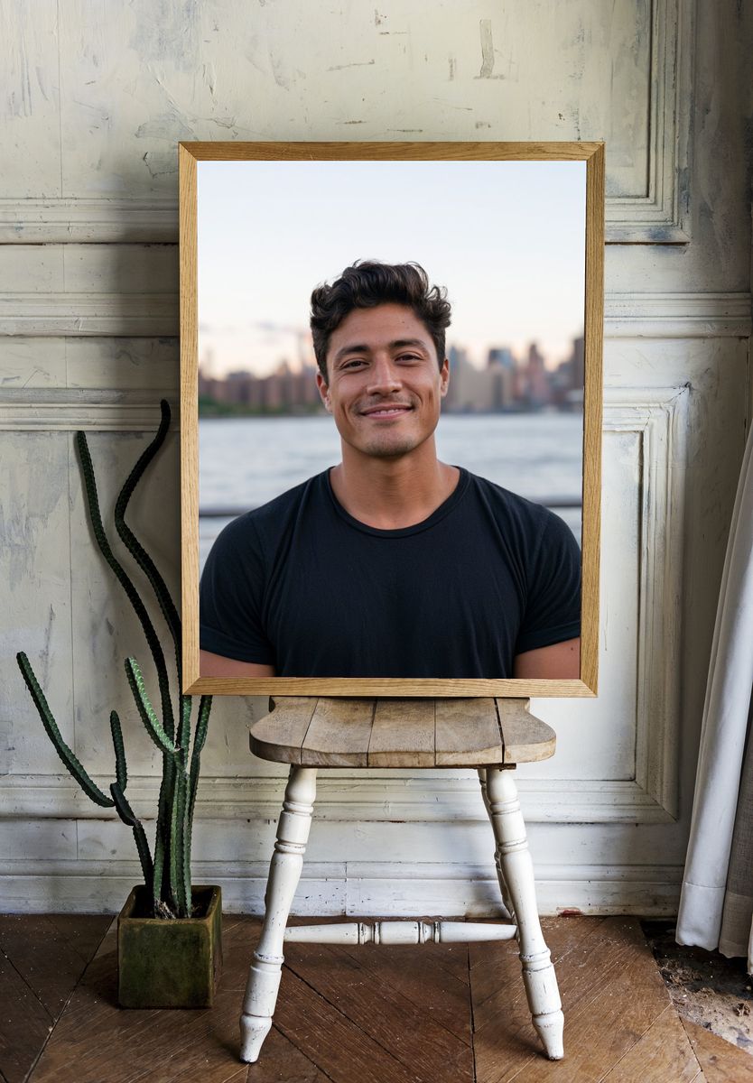 Smiling Waterfront Portrait Print. room preview
