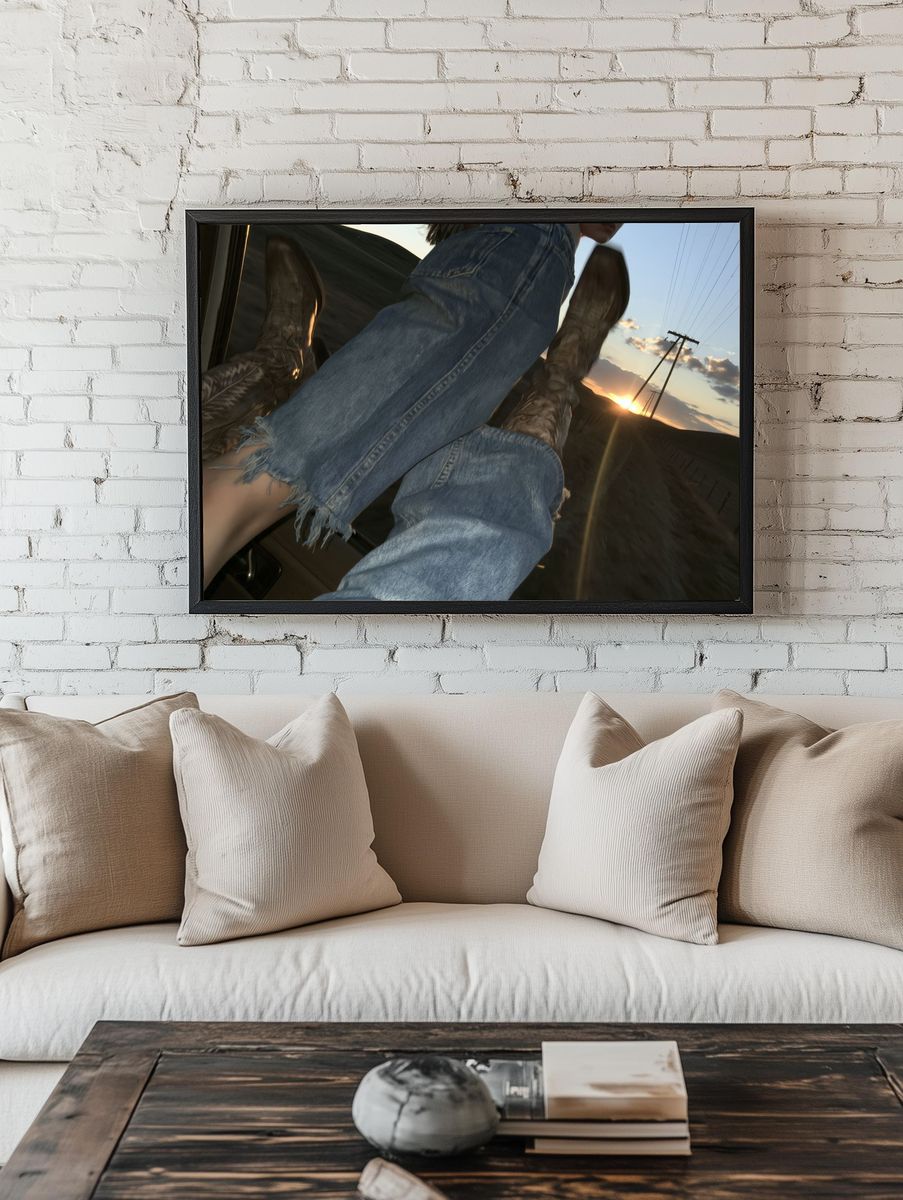 Sunset Denim Ride Photography Poster. room preview