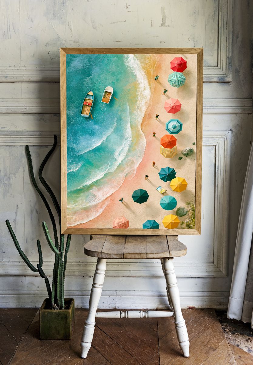 Tropical Beach Umbrellas Photography Poster. room preview