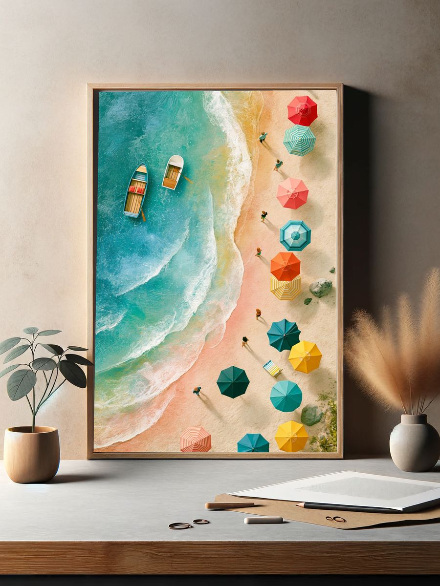 Tropical Beach Umbrellas Photography Poster. — room view 2