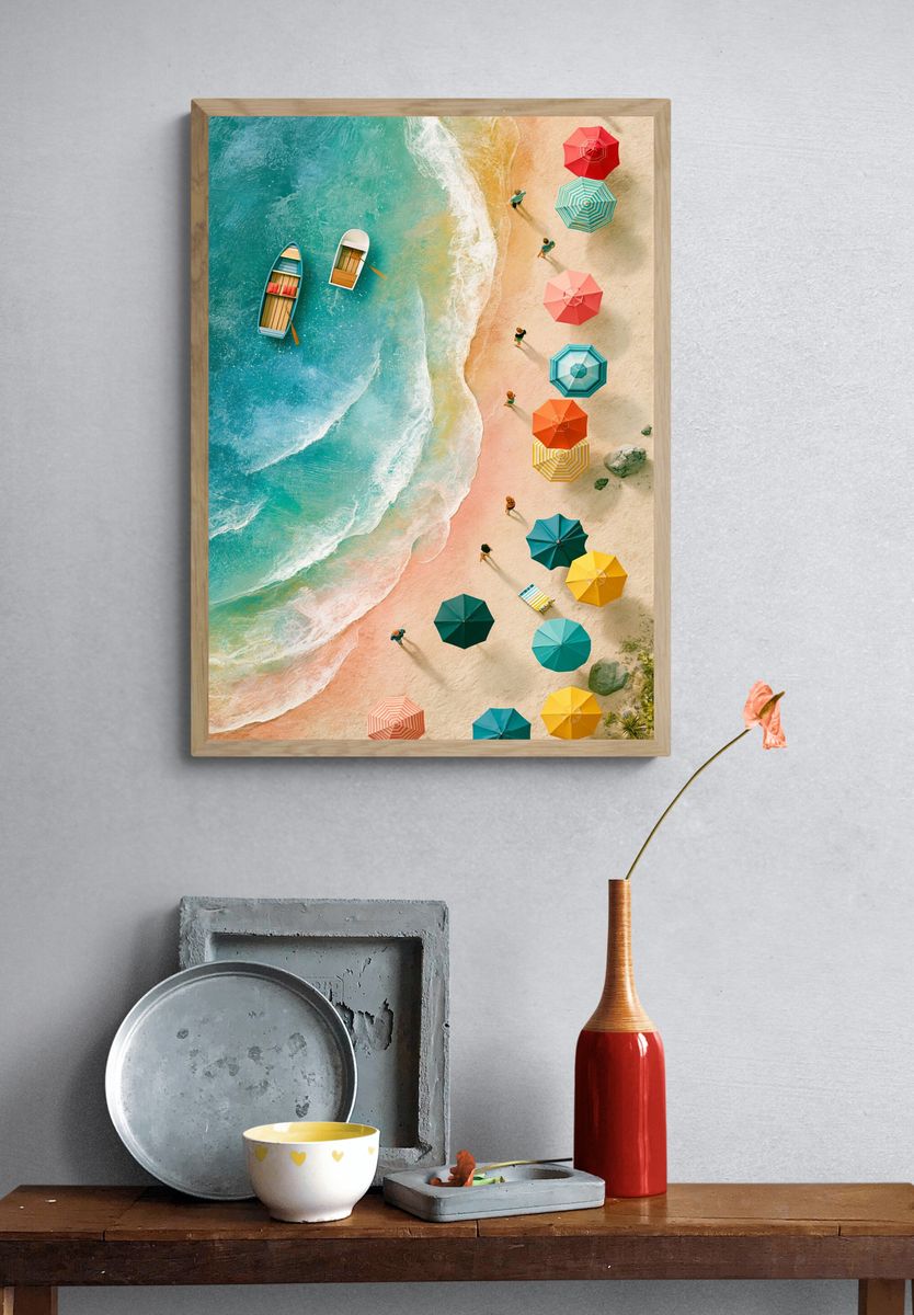 Tropical Beach Umbrellas Photography Poster. — room view 3