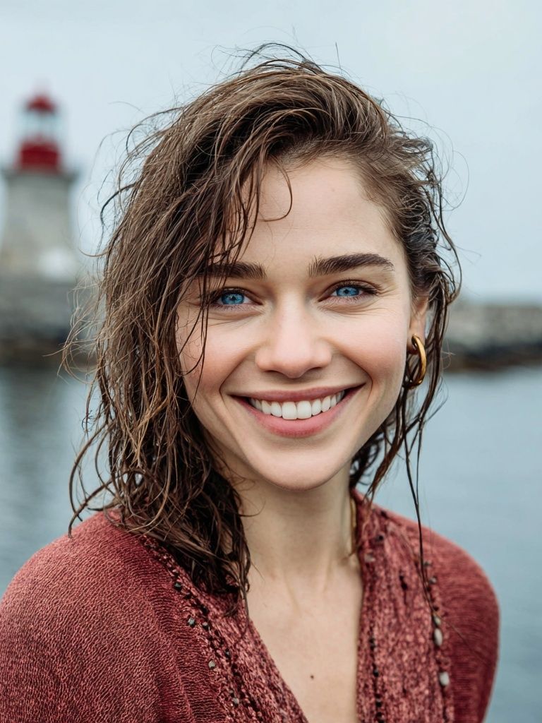 Smiling Woman by the Lighthouse Portrait Print. poster — photography art