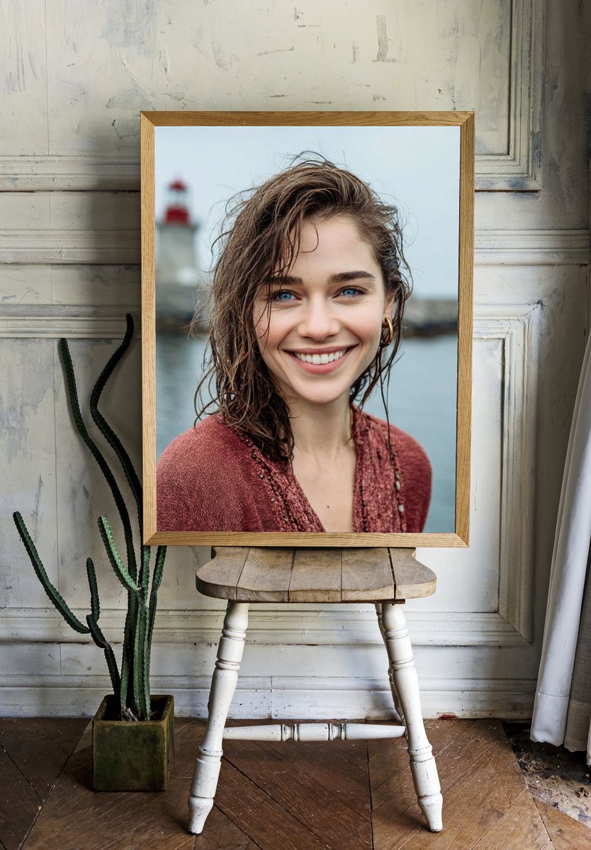 Smiling Woman by the Lighthouse Portrait Print. — room view 1