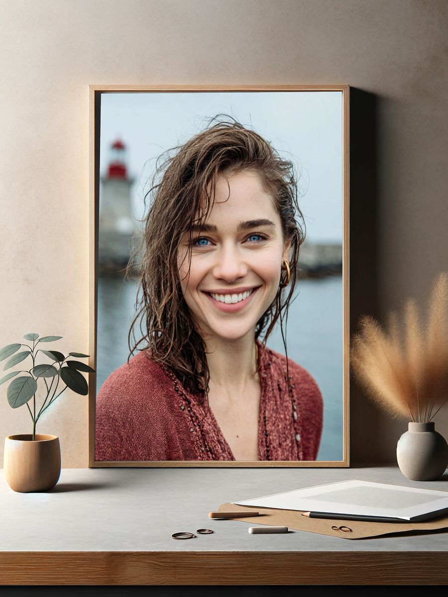 Smiling Woman by the Lighthouse Portrait Print. — room view 2
