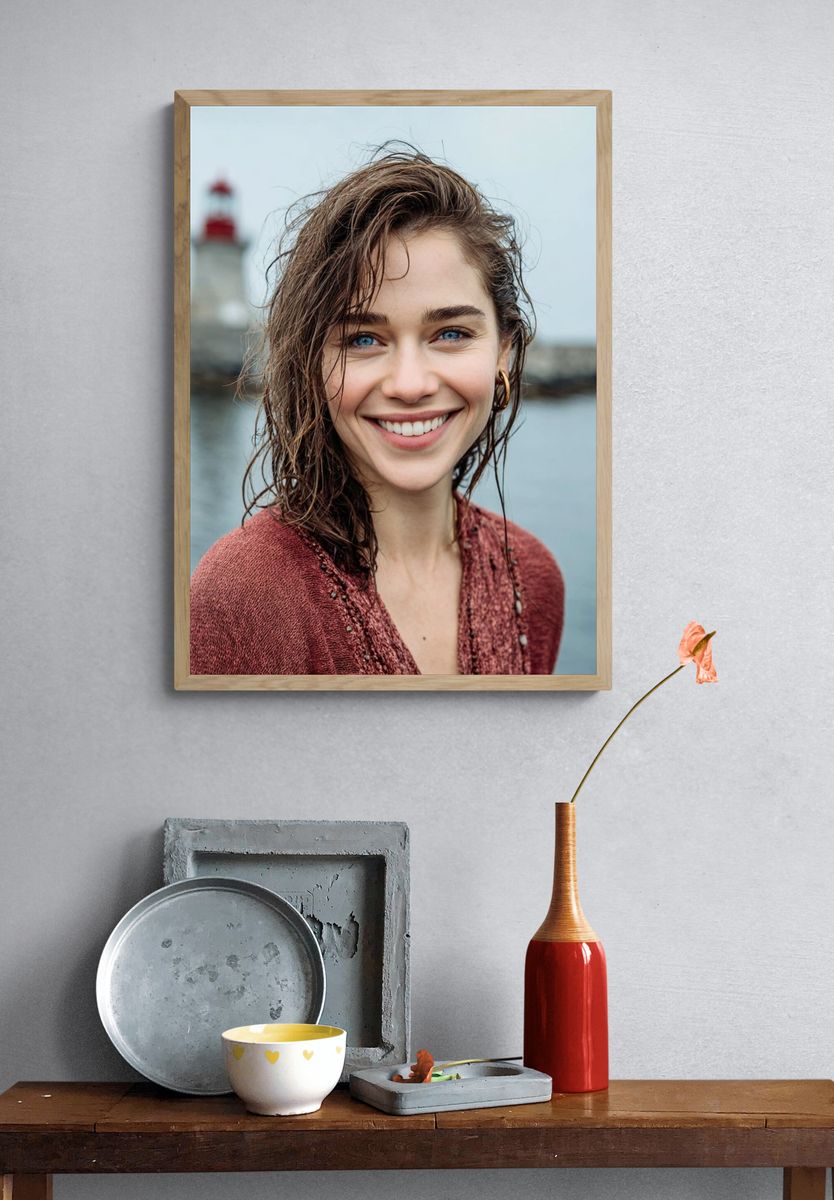 Smiling Woman by the Lighthouse Portrait Print. — room view 3