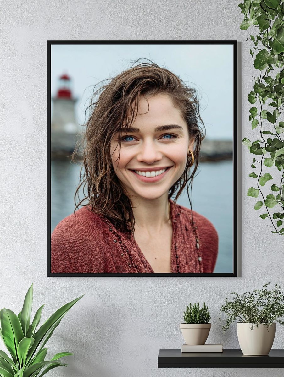 Smiling Woman by the Lighthouse Portrait Print. — room view 4