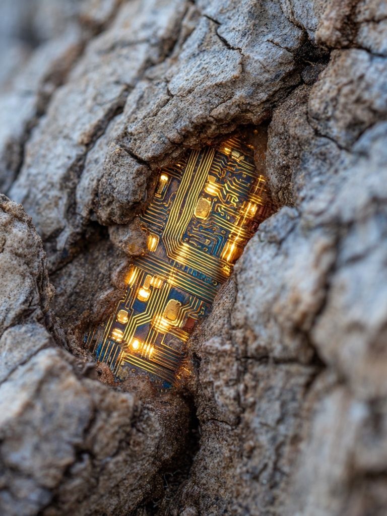 Circuit Board in Tree Bark — Photography Print. poster detail
