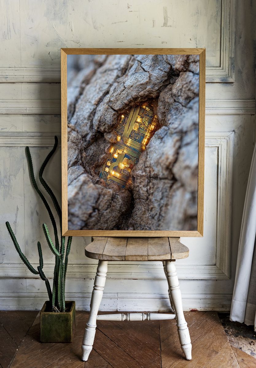 Circuit Board in Tree Bark — Photography Print. — room view 1