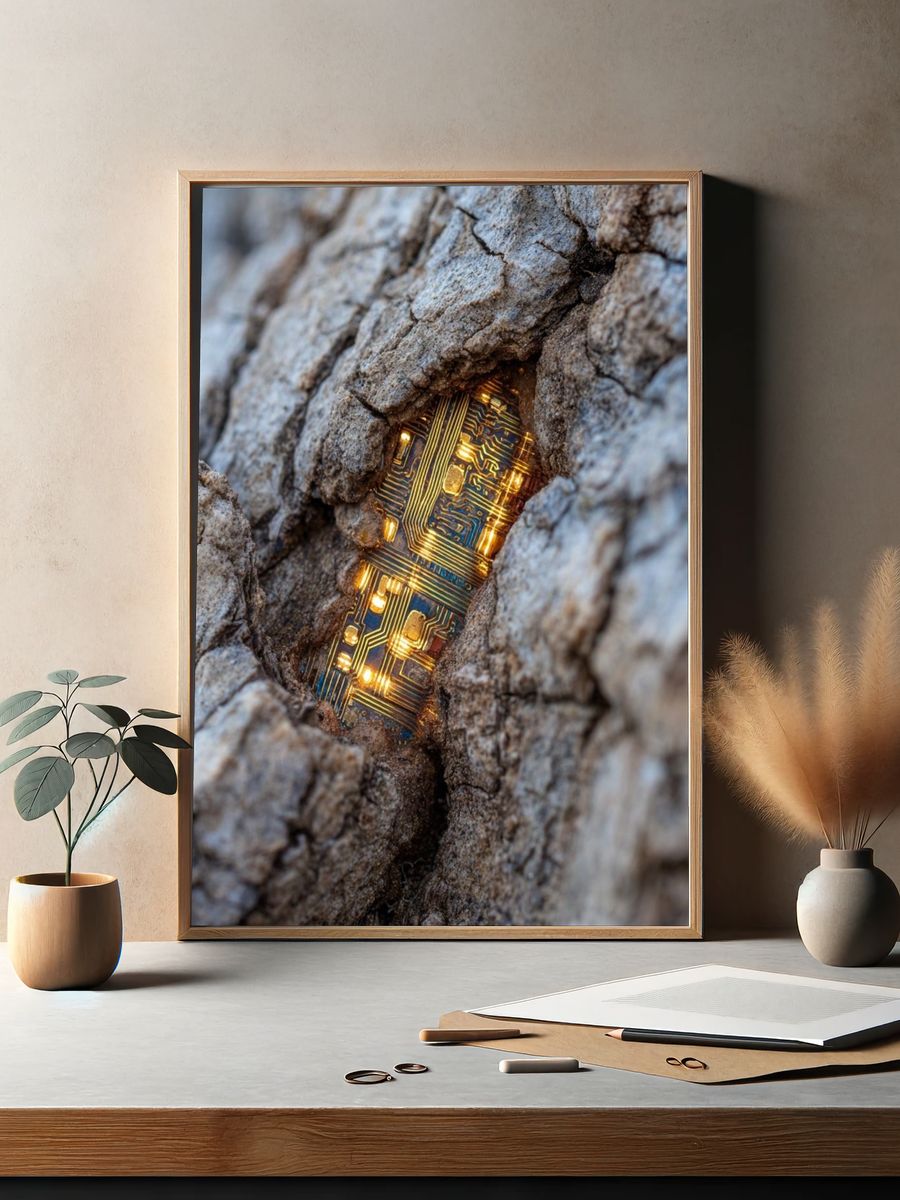 Circuit Board in Tree Bark — Photography Print. — room view 2