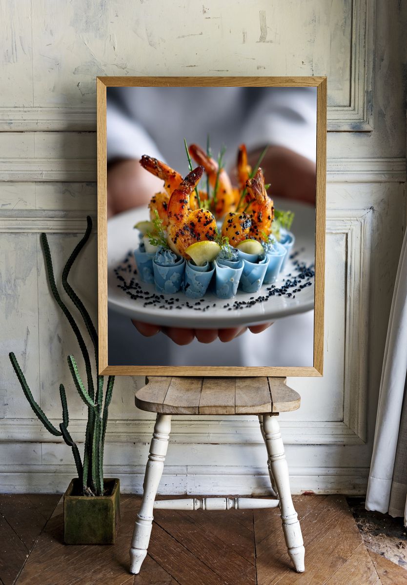 Gourmet Shrimp Plating Photography Poster. — room view 1