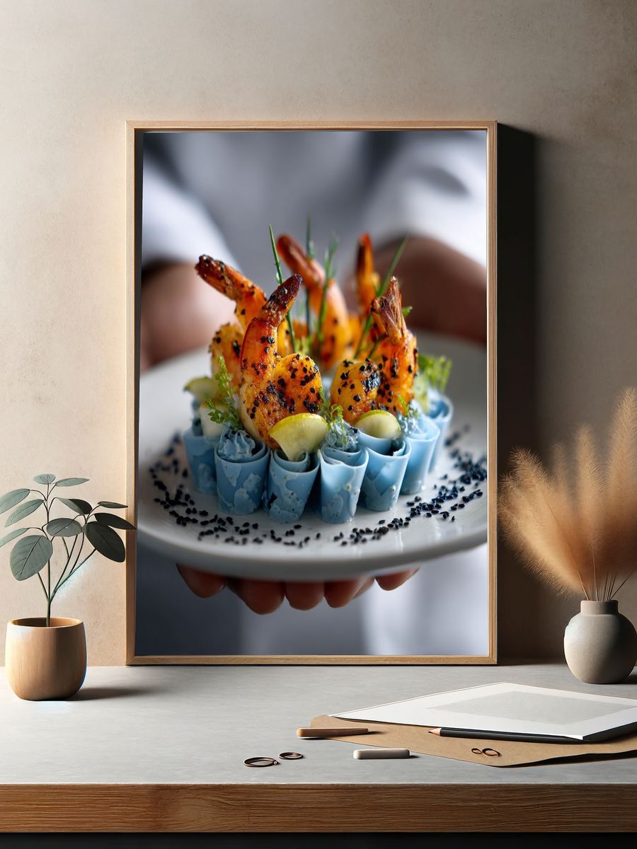 Gourmet Shrimp Plating Photography Poster. — room view 2