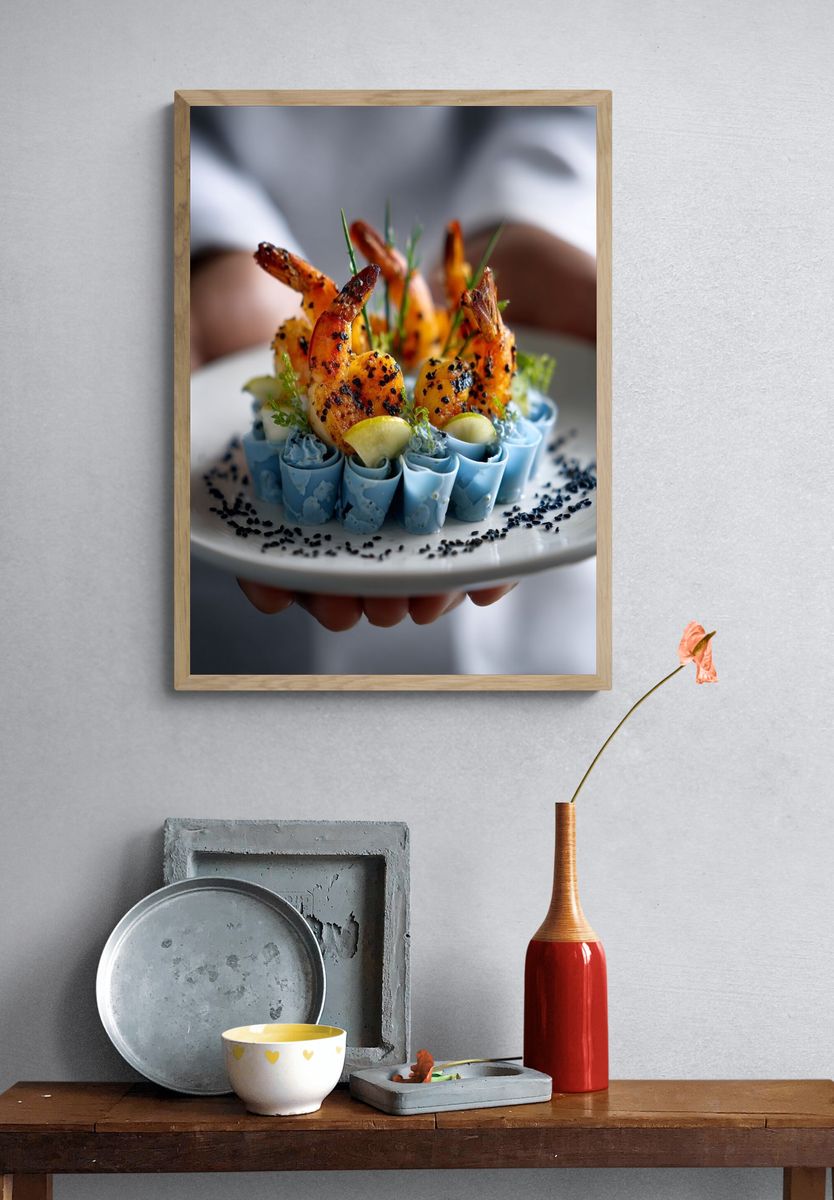 Gourmet Shrimp Plating Photography Poster. — room view 3