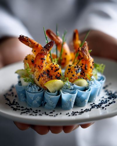 Gourmet Shrimp Plating Photography Poster. poster